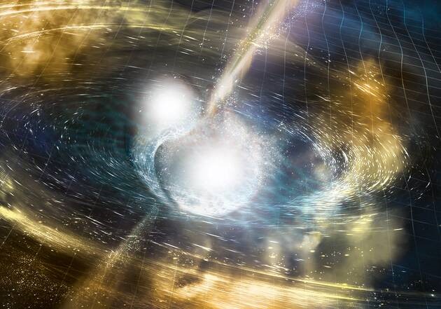Première observation de la coalescence de deux étoiles à neutrons, avec les signaux gravitationnel et électromagnétique associés. National Science Foundation/LIGO/Sonoma State University/A. Simonnet.)
