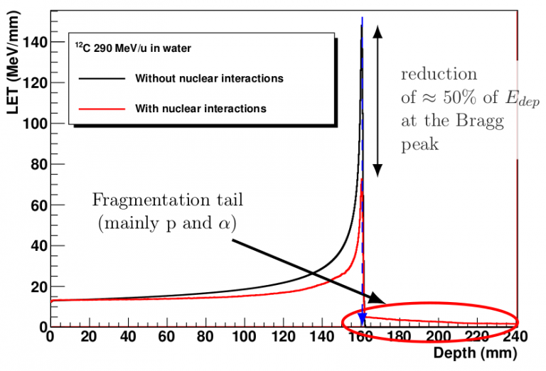 Transfert d'énergie linéique en fonction du parcours pour une ion 12C dans l'eau (Simulation GEANT4). La courbe noire correspond à une simulation dans laquelle le processus de collisions entre noyaux a été désactivé.