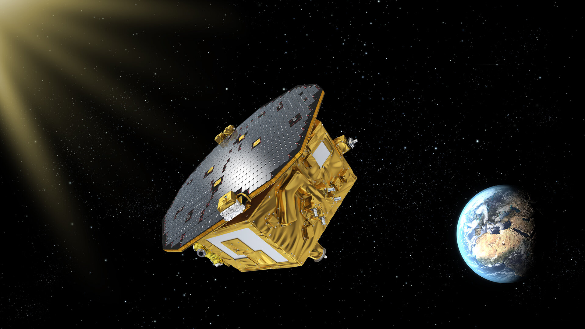 LISA Pathfinder operated from a vantage point in space about 1.5 million km from Earth towards the Sun, orbiting the first Sun-Earth Lagrangian point, L1. Credit: ESA – C.Carreau