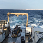 Les cinq unités de détection KM3NeT embarquées sur le pont du navire Miss Marlene Tide de Fugro